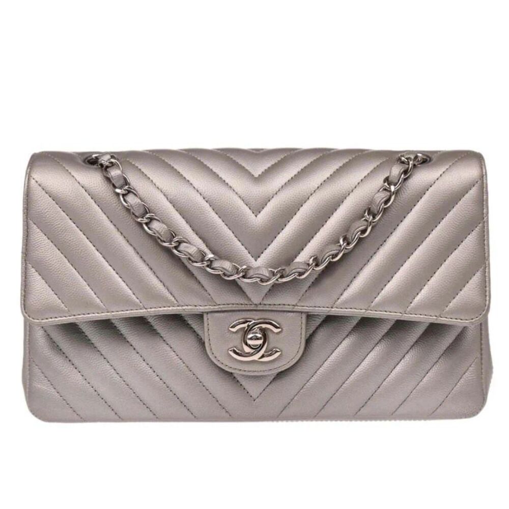 Chanel Timeless - Classic Double Flap Leather Silver Calfskin Shoulder Bag Bag